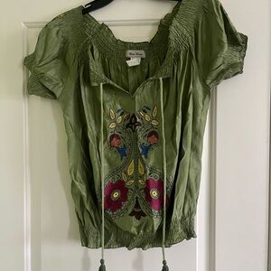 Green Embroidered Peasant Blouse with Tassel Ties